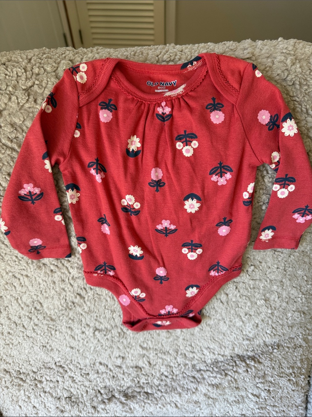 Old Navy Red Floral Long-Sleeve Baby Bodysuit with Pink & Navy Accents